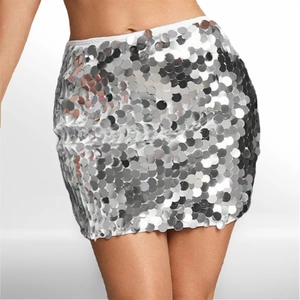 Sparkly silver sequin high waist mini skirt for party with metallic reflective finish