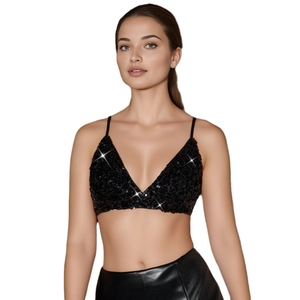 Women's black sequin crop top camisole with thin straps and deep V-neck design