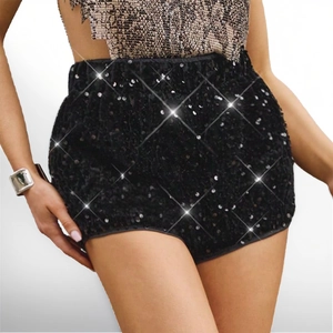 Sparkly black high-waisted sequin party shorts for women on a clean white background