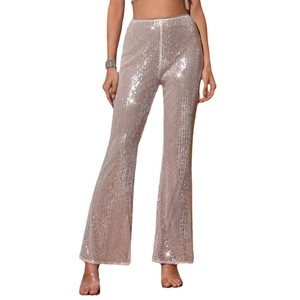 Elegant champagne sequin high waisted flare trousers for party and stage wear