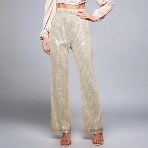 Pantaloni Donna Elegante Champagne Oro Paillettes Vita Alta a Zampa Pantaloni Dritti Lucidi per Festa Banchetto Notte Moda Sotto