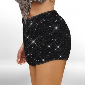 High waist black sequin party shorts for women with shimmering metallic finish