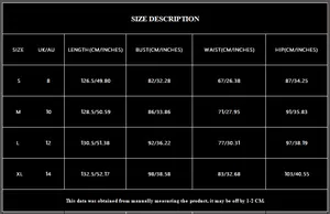 Detailed size chart for the gold single-sleeve party dress with slit and midi length
