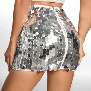 Silver sequin mini skirt with metallic glitter and back zipper for party wear