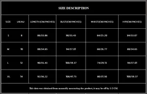 Detailed size guide table for V-neck sequin party dress with CM and inch measurements