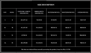 Detailed size chart for black sequin top and pants set featuring S-XL dimensions