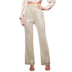 Pantaloni a gamba larga con paillettes oro champagne a vita alta per feste e cerimonie