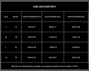 Detailed size chart for green strapless evening dress with bust and waist measurements