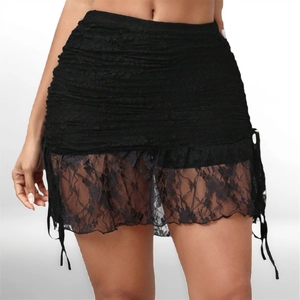 Mini-jupe Femme Sexy Noire en Dentelle Froncée Bodycon Avec Cordon Latéral Taille Haute Slim Fit Club Party Jupe Courte