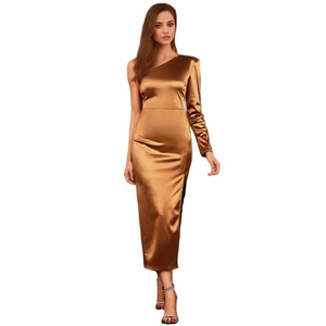Elegant bronze gold one-shoulder satin midi dress with long sleeve and side slit detail