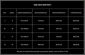 Detailed size chart for backless black evening gown including UK and AU measurements