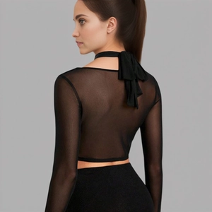 Black sheer mesh long sleeve crop top with halter neck tie back and slim fit design