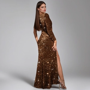 Elegant bronze sequin long sleeve evening gown with high side slit and slim fit design