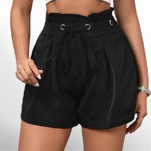 Short Décontracté à Taille Haute et Jambe Large Pour Femmes Avec Cordon Élégant Noir Taille Paperbag Plissé Short d'Été