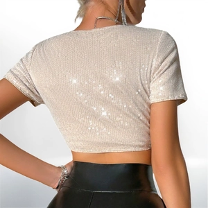 Glitzerndes champagnerfarbenes Pailletten-Crop-Top für Damen mit kurzen Ärmeln für Partys