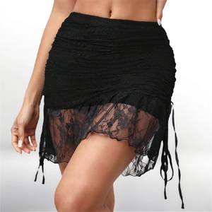 Mini-jupe noire en dentelle pour femme avec cordons latéraux et fronces pour soirée