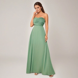 Elegant sage green strapless evening maxi dress with pleated bodice and flowing A-line skirt