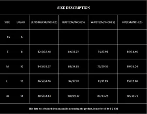 Size chart for sequin V-neck party dress with XS-XL measurements in cm and inches