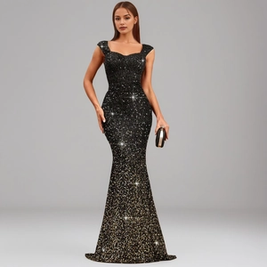Robe Maxi Sirène à Paillettes Col en V Élégante pour Femmes Taille Haute Sans Manches Robe de Soirée Coupe Ajustée