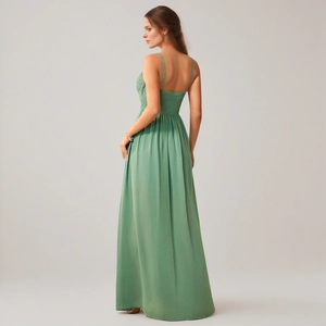 Elegant green strapless maxi dress with high waist and backless design for evening events