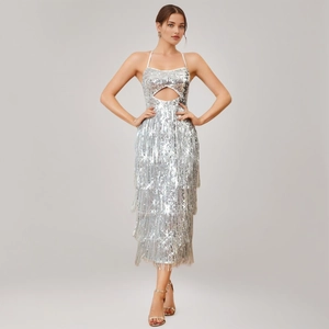 Robe Midi Élégante pour Femmes en Paillettes Argentées avec Glands Dos Nu Taille Haute Robe de Soirée sans Manches