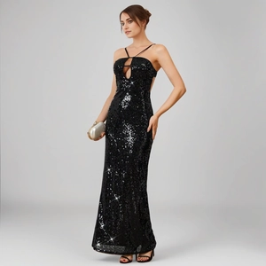 Elegant black sequin evening gown with halter neck and front teardrop cutout