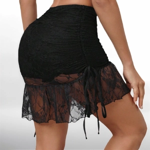 Mini-jupe en dentelle noire avec cordons réglables et coupe moulante sexy pour fête