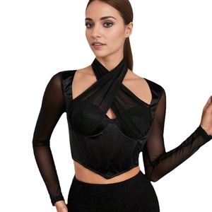 Women's black halter mesh long sleeve top with corset style and sheer fabric details