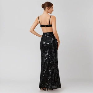 Elegant black sequin backless evening gown with spaghetti strap top and high waist mermaid skirt