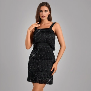 Robe Courte pour Femmes Noir à Franges et Paillettes Bretelles Spaghetti Sexy Élégante Fête Cocktail Soirée Moulante