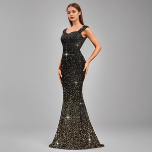 Robe de soirée sirène élégante à paillettes noires avec décolleté carré et coupe ajustée