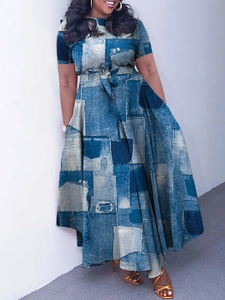 Robe Longue Femme Manches Courtes Trapèze Imprimé Robe Décontractée Avec Ceinture Taille Col Rond Élégante Robe Longue Soirée