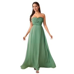 Elegant sage green strapless evening gown with pleated bodice and long A-line skirt