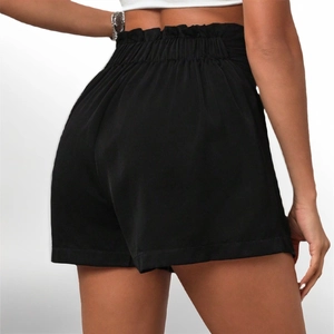 Short taille haute noir pour femme avec taille élastique froncée et coupe ample