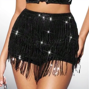 Women High Waist Sequin Fringe Shorts Black Shiny Tassel Hot Pants Nightclub Party Stage Performance Clubwear