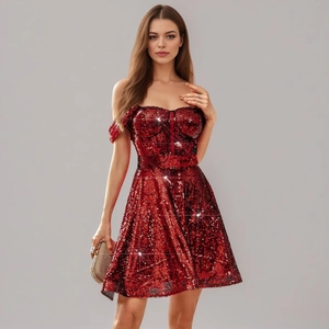 Sparkling red sequin strapless mini party dress with a stylish gold clutch bag