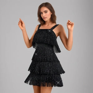 Robe de soirée élégante à franges et paillettes noires avec jupe à volants et bretelles