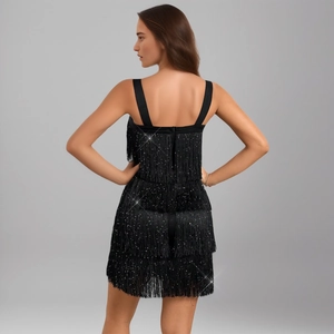 Robe de soirée noire à franges et paillettes avec fermeture éclair dans le dos
