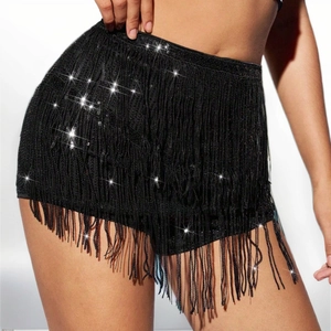 Sparkly black sequin fringe hot pants with high waist for party and festival wear