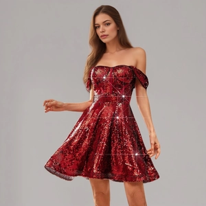 Elegant red sequin off-shoulder cocktail dress with shimmering A-line party skirt