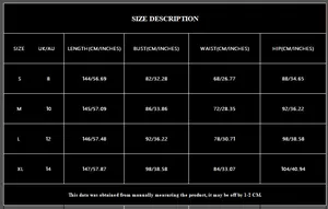Detailed size guide table for black sequin mermaid evening gown showing S-XL measurements