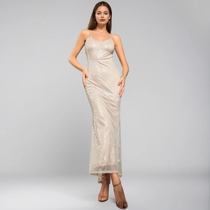Robe de Soirée Maxi Élégante à Paillettes pour Femme Sexy Col en V Dos Nu Bretelles Spaghetti Champagne Robe de Mariage