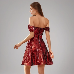 Sparkling red sequin strapless mini dress with elegant A-line silhouette for party