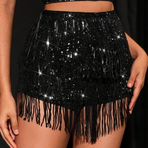Elegant black sequin tassel shorts for cocktail parties and festive events high waist style