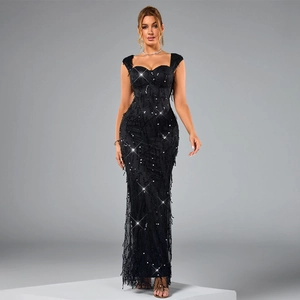 Robe de Soirée Sirène à Paillettes et Glands pour Femmes Col en V Élégante Taille Haute Sans Manches Robe Longue de Fête