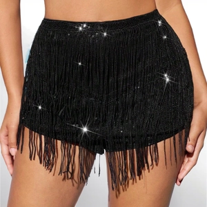 Sparkling black high waist sequin fringe shorts for party and festival outfits