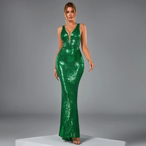 Elegant Sequin Mermaid Evening Gown V-Neck Backless High Waist Polyester Maxi Dress For Women Wedding Party Formal Gown