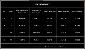 Detailed size chart for black halter top and slit skirt set with S to XL dimensions