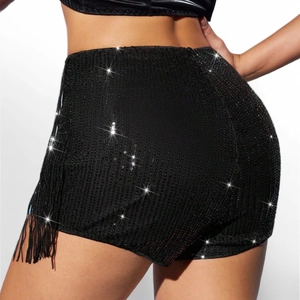Women's high waist black sequin shorts with long side fringes for party and dance wear
