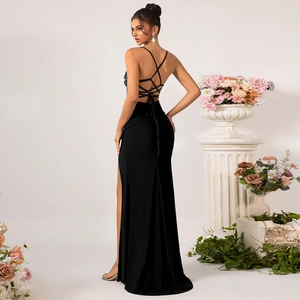 Elegant black sequin V-neck evening dress with backless crisscross straps and high side slit